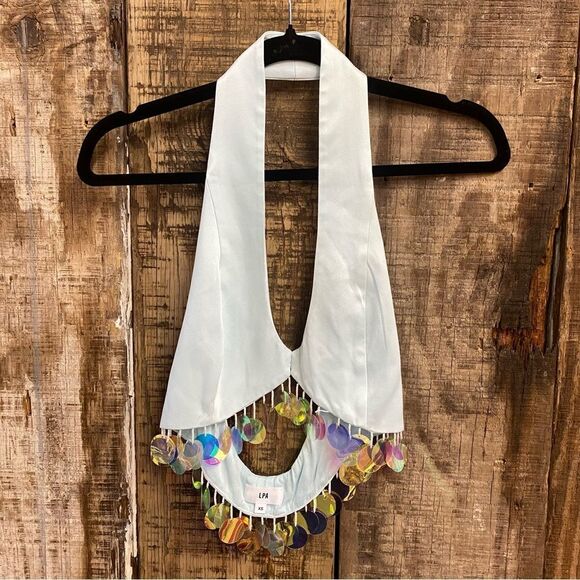 LPA Revolve Eleonora Sequin Halter Top ice blue with Gold Accents XS - Picture 7 of 7